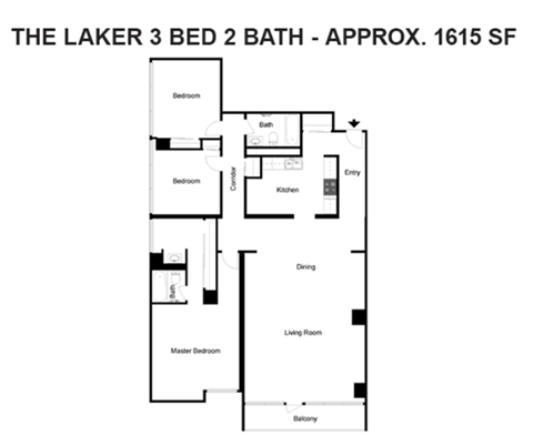 A floor plan of a 3 bedroom, 2 bathroom apartment.